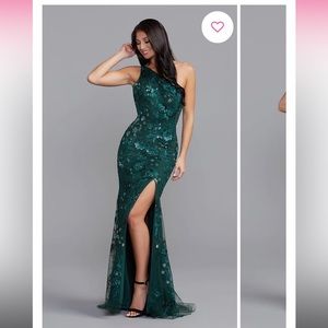 Never wore, still has tag on dress Emerald Green with slit, open back and size12